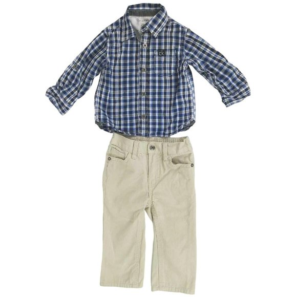 Calvin Klein Other - Calvin Klein Shirt Pants Set Button Front Blue Plaid Khaki 12M Infant Outfit